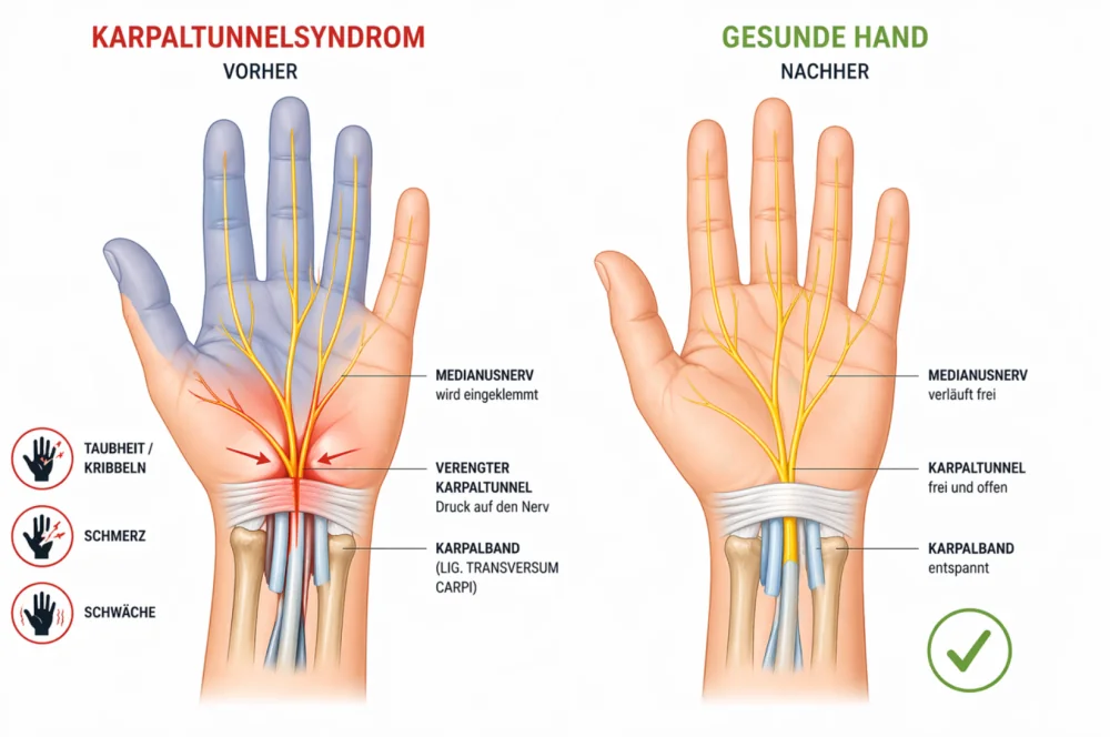 Vergleich: Karpaltunnelsyndrom vorher und gesunde Hand nachher
