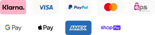 PayPal, Visa, Mastercard, Apple Pay, Klarna